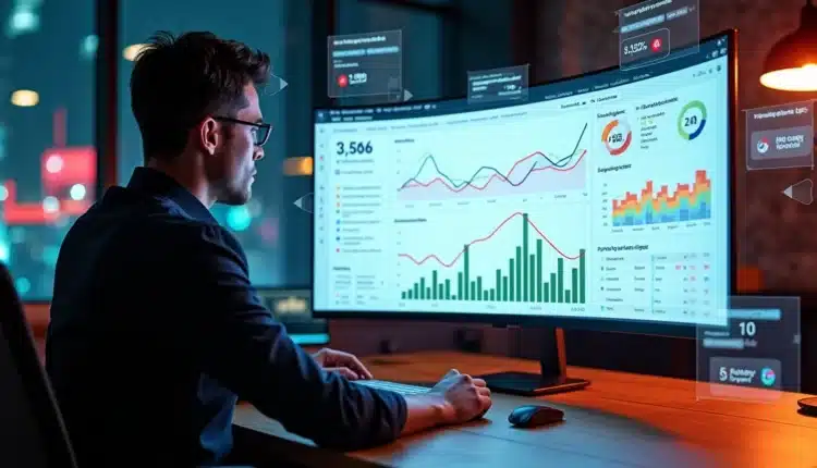 Profissional analisando painel digital com anúncios do Google Ads e alertas em vermelho
