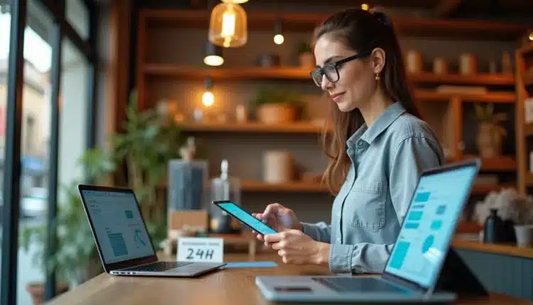 Atendente em pequena loja usando tablet com interface de chatbot