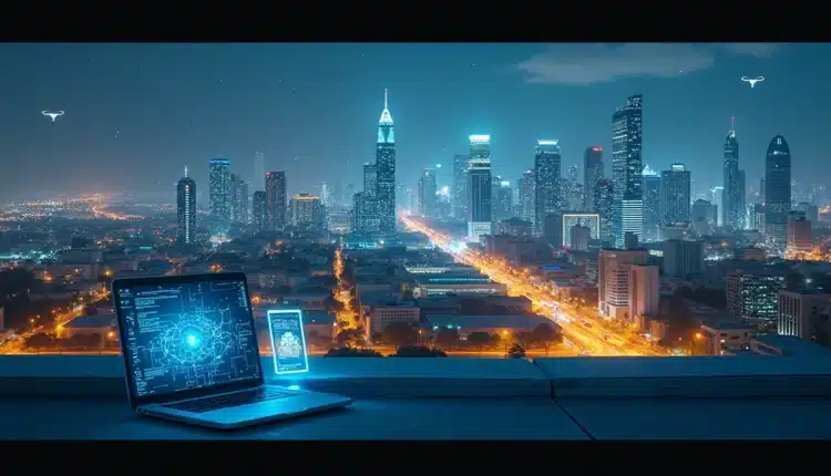 Paisagem urbana noturna com névoa azul e circuitos de inteligência artificial sobre os prédios