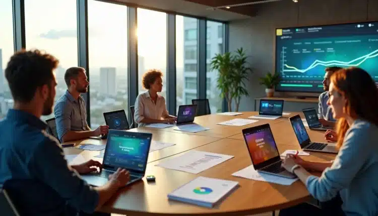 Mesa com notebooks exibindo diferentes painéis de CRM lado a lado