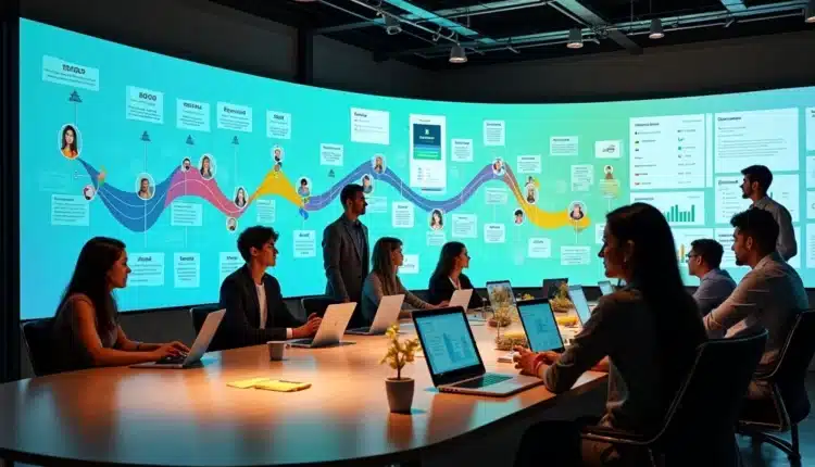 Equipe de marketing analisando painel digital com jornada do cliente personalizada