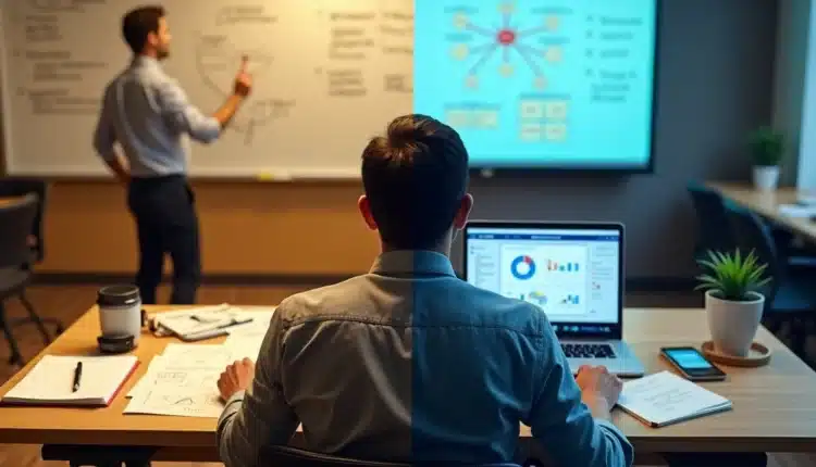 Empresário observando mesa dividida entre curso presencial e curso online de IA
