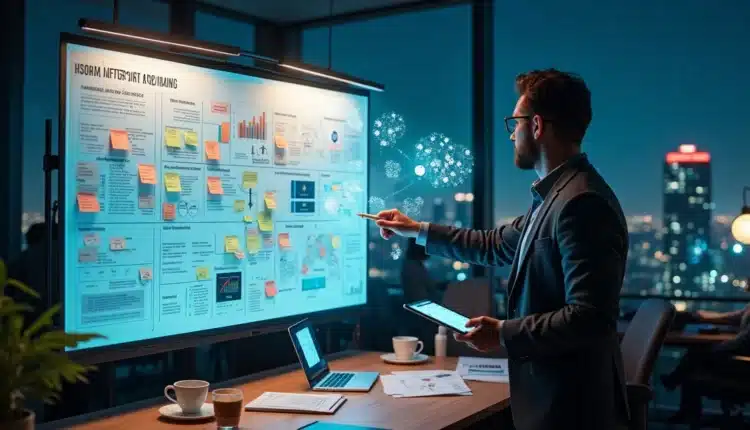 Profissional analisando mural físico de estratégia com gráficos coloridos e ícones digitais ao fundo