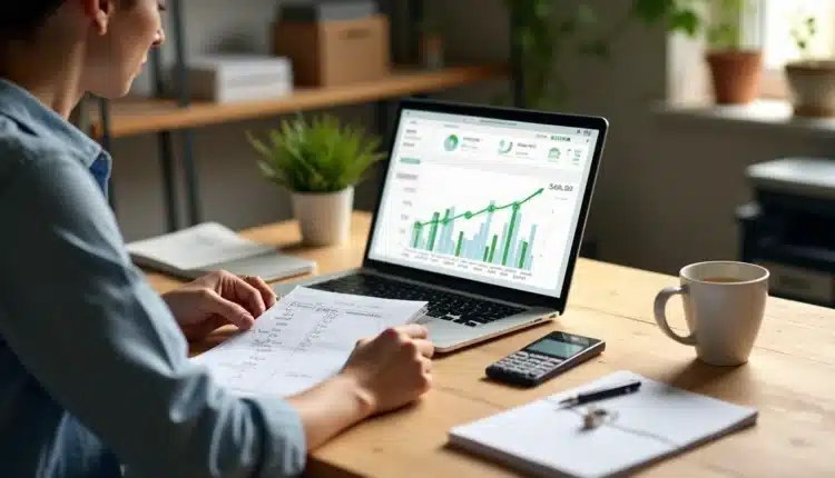 Pequeno empreendedor comparando custos em caderno e notebook na mesa de trabalho