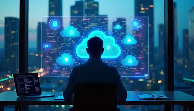 Pessoa observando painel holográfico protegendo dados na nuvem