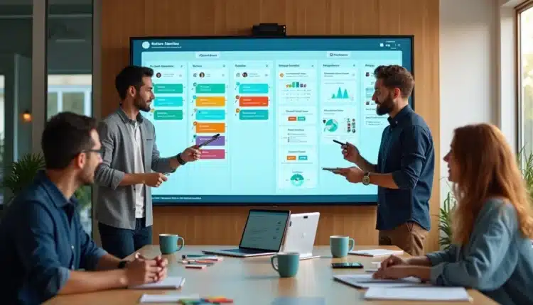 Equipe diversa colaborando em frente a painel digital de tarefas em estilo kanban