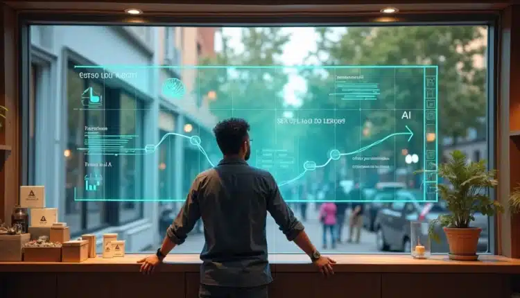 Pequena loja com vitrine digital exibindo aumento de vendas com ajuda da inteligência artificial
