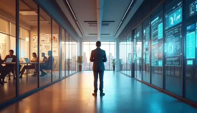 Empresário avaliando caminho dividido entre agência de marketing e ferramenta de conteúdo