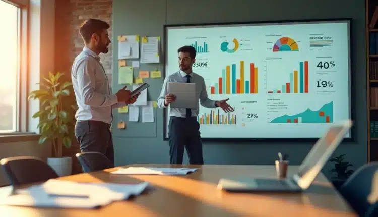 Gestor comparando indicadores de vendas em tela digital e quadro de anotações