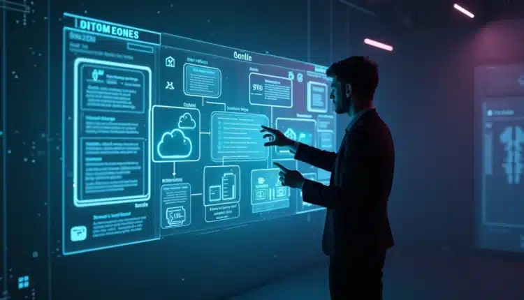 Profissional ajustando blocos de habilidades de inteligência artificial em interface holográfica