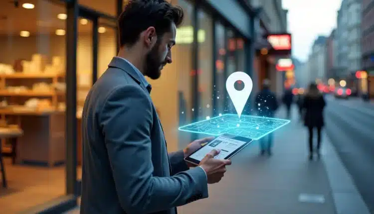 Dono de pequena loja atualizando perfil da empresa no Google Maps em tablet diante da vitrine