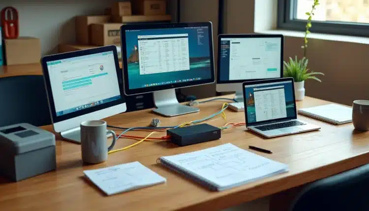 Mesa de pequena empresa com ícones de sistemas diferentes conectados por fios coloridos