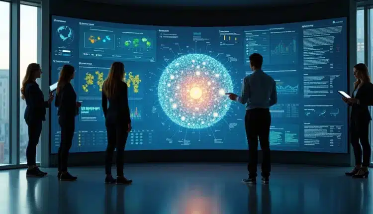 Equipe de marketing observando grande painel de CRM com dados de clientes interligados