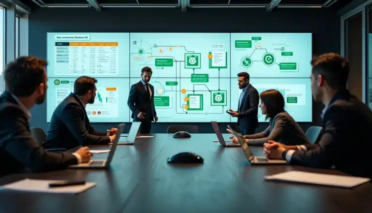 Executivos analisando grande painel com dados integrando SEO CRM e WhatsApp