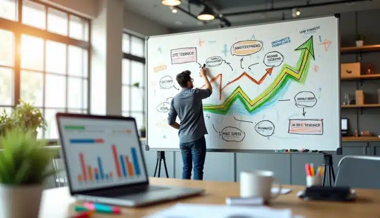 Analista montando estratégia de SEO em quadro branco cheio de setas e gráficos