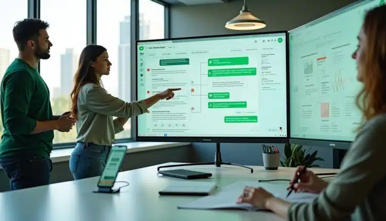 Painel de automação exibindo fluxo de mensagens do WhatsApp em ambiente corporativo moderno