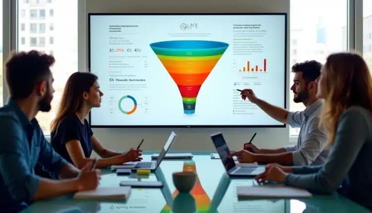 Equipe reunida analisando funil de vendas em dashboard colorido