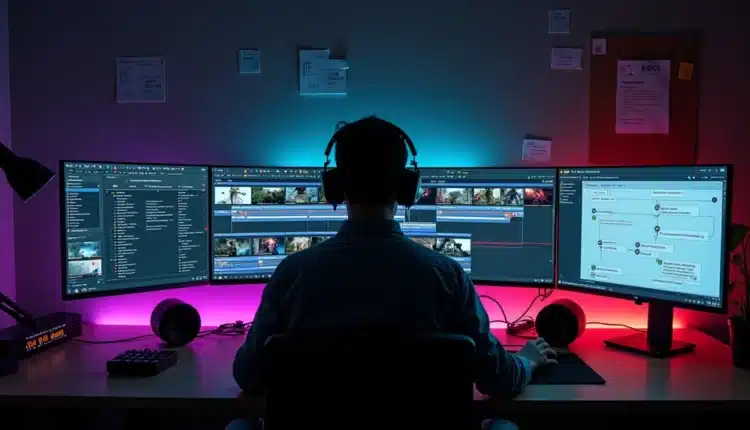 Estúdio escuro com vários monitores exibindo fluxo automatizado para canal dark no YouTube