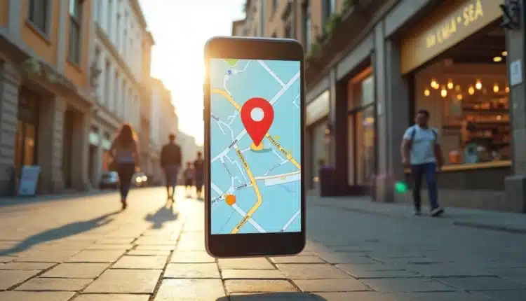 Mapa digital com destaque em fachada de loja local brasileira