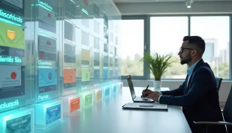Profissional analisa caixas de email organizadas em segmentos coloridos