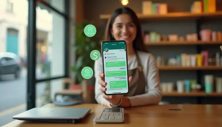 Vendedor em pequena loja usando celular com tela do WhatsApp Business aberta no balcão