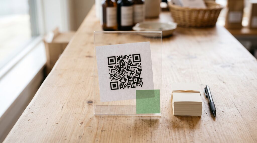 QR code impresso em display de balcão de loja usado para divulgar um canal do WhatsApp
