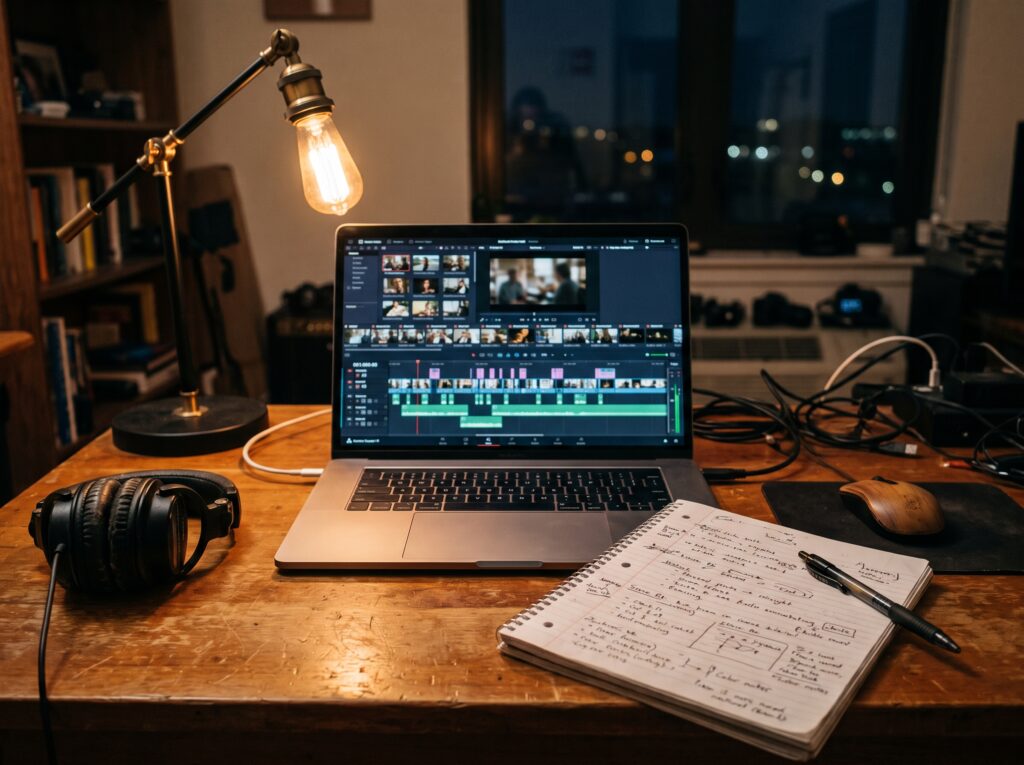 Tela de computador com linha do tempo de edição de vídeo e vários clipes curtos