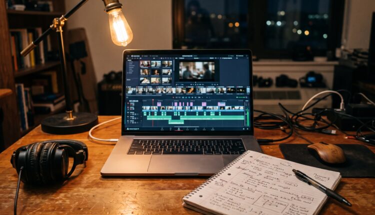Tela de computador com linha do tempo de edição de vídeo e vários clipes curtos