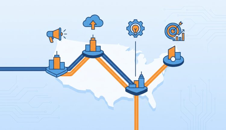 mapa com quatro cidades representando segmentação de campanha por cidade no meta ads