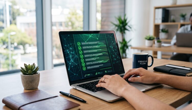 Notebook com checklist de itens marcados em verde representando verificação de otimização GEO